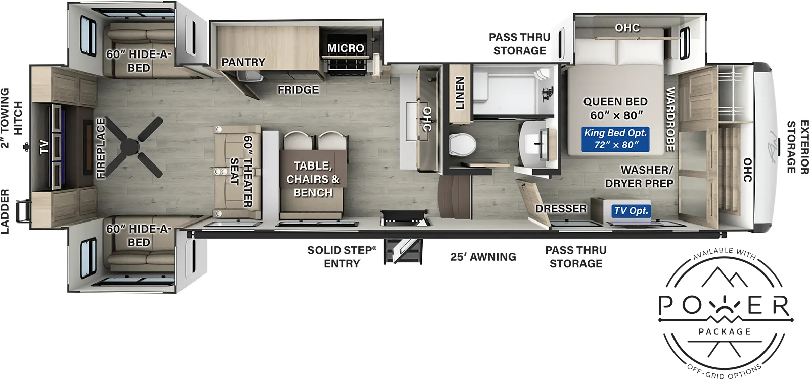 The Rockwood Signature Fifth Wheels R375RL floorplan has one entry and four slide outs. Exterior features include: fiberglass exterior and 25' awning. Interiors features include: front bedroom and rear living.